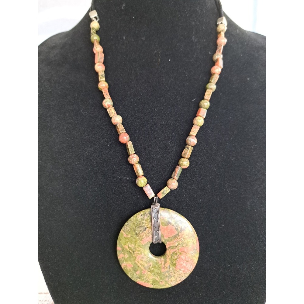 Gemstone Fashion Jewelry Beaded Necklace Natural Unakite With Pendant Silky Cord